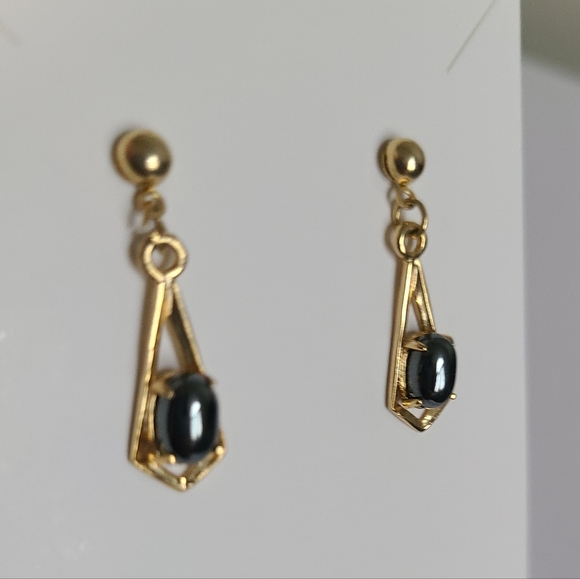 Vintage Gold Plated Ball Hematite Cabochon Drop Dangle Evening Boho Earrings - Picture 4 of 8